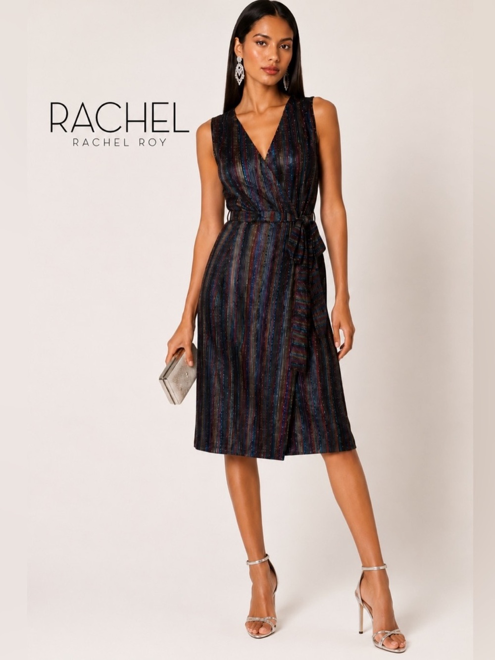 NWT Rachel Rachel Roy August Rainbow Metallic Stripe Wrap Midi Dress L